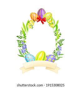 Festive Wreath Arranged from Decorated Easter Eggs and Green Grass with Ribbon Vector Illustration