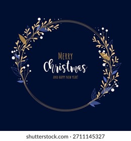 Festive wreath. Berries and leaves. Vector illustration. Nature design greeting card template. Winter holidays.