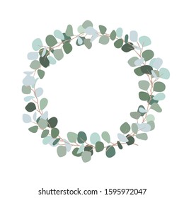 Festive wreath of branches with bluish leaves. Silver dollar eucalyptus wreath with place for text for wedding, invitation. Botanical plant. Flat illustration isolated on white background.