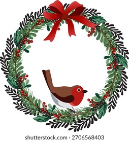 Guirnalda festiva, arco rojo brillante, hojas de helecho, hojas de hiedra, pájaro, petirrojo amable, ramas de abeto, bayas de serbal, pinos azotados por el viento, poinsettia, bayas rojas, pájaro de pecho rojo, corona de Navidades, Vector, EPS