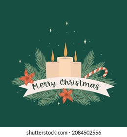 Festlicher Kranz mit Kerzen flacher Vektorgrafik. Weihnachtsgrußkarte, dekoratives Gestaltungselement der Postkarte. Traditionelles Feiertagssymbol.