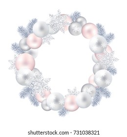 A festive wreath of Christmas balls, pine twigs and snow-flakes. Silver and pink. Vector realistic illustration on white background. Eps10. Decoration for new year.