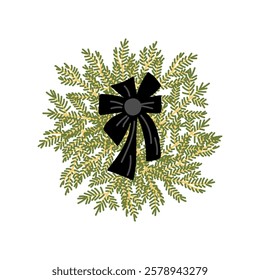 Festive wreath decorated with black bow made of evergreen branches and foliage for holiday decor