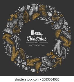 Festive wreath with fir tree, snowflakes, balls and stars. Can be used for Christmas design.