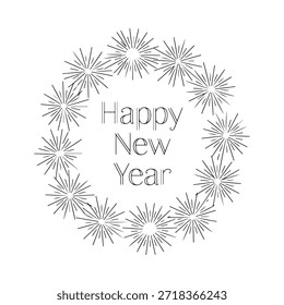A festive wreath of fireworks surrounds the text happy new year
