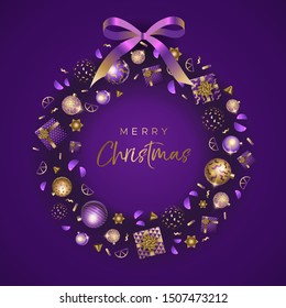 Festive wreath with gifts and Christmas elements on black background. Vector illustration in modern style