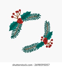 Coroa festiva com ramos de pinheiro verde e bagas vermelhas. Projeto temático de férias com uma coroa de flores, perfeito para decorações de Natal. Coroa e bagas criam um olhar festivo. Vetor de Natal.