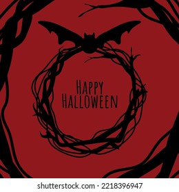 A festive wreath for Halloween. Decoration on the door for the holiday. Welcome to fear. Vector illustration for the Feast of All Saints. Orange colors. Autumn.