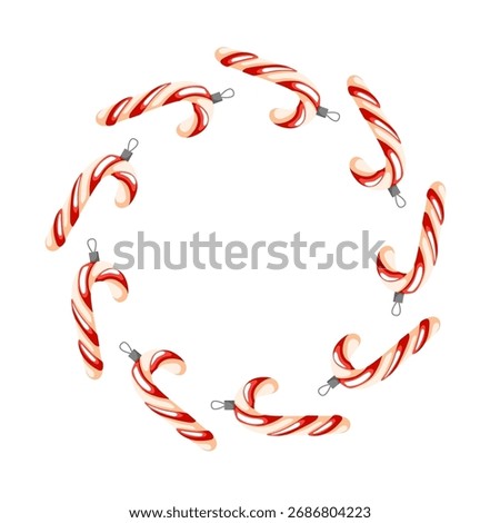 Festive wreath made of candy cane Christmas toy arranged in a circular shape on a white background for holiday decoration in cartoon style.