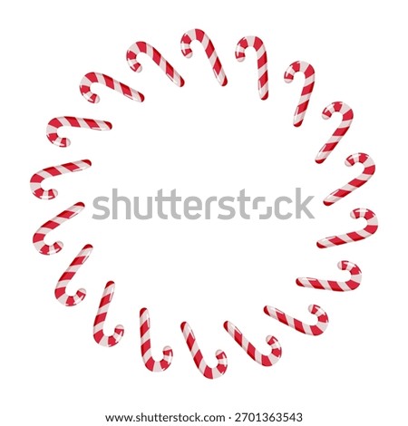 Festive wreath made of candy canes arranged in a circular shape. Christmas holiday vector background, sweet decoration design for cards, posters, and festive projects