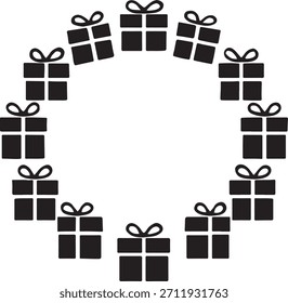 A festive wreath made of gift boxes, presented as a clean silhouette isolated on a white background, perfect for holiday designs.