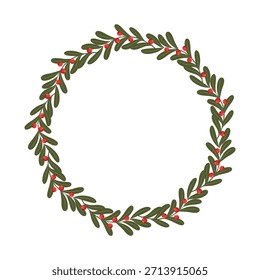 Guirnalda festiva con ramas de muérdago y bayas rojas aisladas sobre un fondo blanco. Perfecto para tarjetas de Navidad, decoraciones navideñas y diseños de temporada.