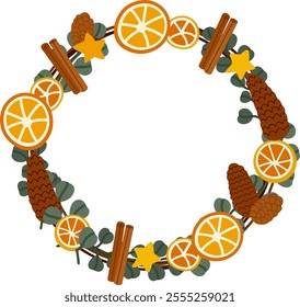 Festive wreath with orange slices, pinecones, and cinnamon sticks. Vector holiday decoration featuring star-shaped ornaments, eucalyptus leaves and seasonal elements in circular arrangement. Vector