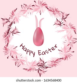 Festive wreath of pink chrysanthemums. In center is decorative egg, rabbit ears, text Happy Easter. Light pink vector illustration for holiday card design, poster.