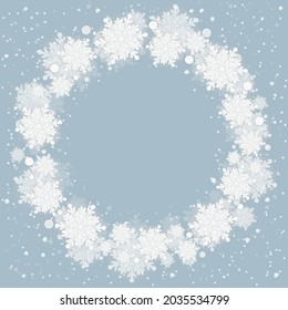Festive wreath with snowflakes for New Year and Christmas illustration. Frame for text greeting card. White circle ornaments with wreath decoration of snowflakes. Snowflake in winter season