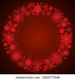 Festive wreath with snowflakes for New Year and Christmas illustration. Frame for text greeting card. Red circle ornaments with wreath decoration of snowflakes. Snowflake in winter season