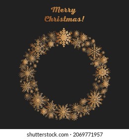 Festive wreath with snowflakes for New Year and Christmas illustration. Frame for text greeting card. Gold circle ornaments with wreath decoration of snowflakes. Snowflake in winter season