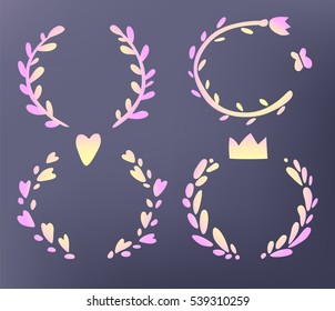 Festive wreaths set, vector illustrations, cute kawaii gradient style objects for new year, christmas, valentines day or other holidays design
