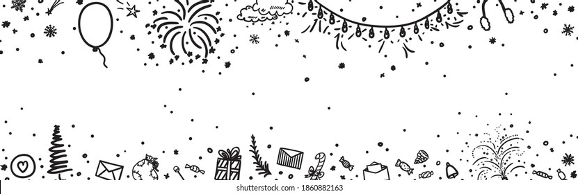 Festive xmas background. Hand drawn christmas banner. Freehand art. Black and white illustration