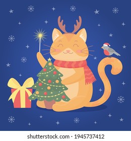 Festive xmas card with cute cat, Christmas tree, gift. Merry christmas and happy new year greeting card template. Vector illustration in cartoon style