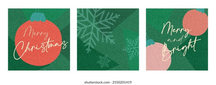 Tarjeta de Navidad festiva con bolas de Navidad, copos de nieve sobre un fondo texturizado con arte abstracto. alegres saludos, anuncios y Plantillas de temática navideña. Diseño de vacaciones minimalista