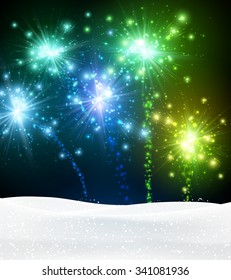Festive xmas colour firework background. Vector illustration.