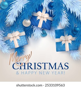 Festive Xmas greeting card with 3d blue wrapped gifts, silver confetti, baubles, snow and icy pine branches on white background with text - Merry Christmas and Happy New Year! Winter holiday banner