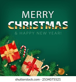 Cartão comemorativo de Natal festivo com presentes 3d realistas embrulhados, confete dourado, bengalas de doces e ramos de pinho no fundo verde com texto - Feliz Natal e Feliz Ano Novo! Banner de feriado de inverno