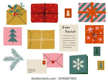 Festive xmas greeting card. Santa Claus post office mail. Christmas Santa Claus letter. Xmas holidays wish list letter, mailing envelope with postmark. Gift box