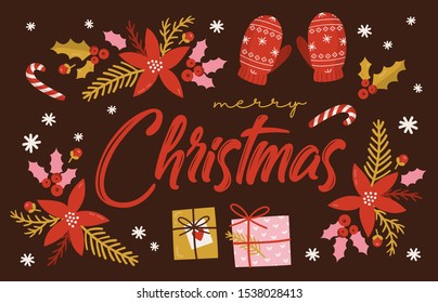 Festive xmas greeting card vector template. Merry christmas and happy new year postcards, poster, banner. Traditional winter holiday symbols hand drawn illustrations with typography.