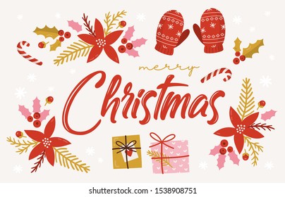 Festive xmas greeting card vector template. Merry christmas and happy new year postcards, poster, banner. Traditional winter holiday symbols hand drawn illustrations with typography.