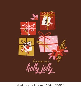 Festive xmas greeting card vector template. Merry christmas and happy new year postcards, poster, banner. Traditional winter holiday symbols hand drawn illustrations with typography.