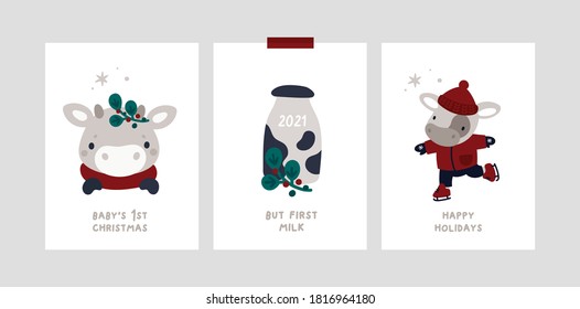 Festive xmas greeting cards with little bull. Baby Christmas Holiday milestone cards with cute calf cow, milk, baby bull. Happy new year or Merry Christmas poster, banner, room decoration