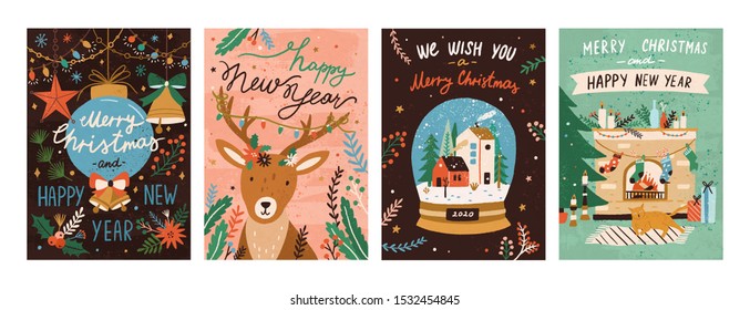 Festive xmas greeting cards vector templates set. Merry christmas and happy new year postcards, posters designs pack. Traditional winter holiday symbols hand drawn illustrations with typography.