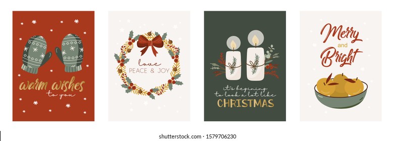 Festive xmas greeting cards vector template. Merry Christmas and happy new year postcards, poster, banner. Traditional winter holiday symbols hand drawn illustrations with typography.