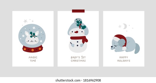 Festive xmas greeting cards vector template. Baby Christmas Holiday milestone cards with cute dog in santa hat, snowman, bunny. Happy new year or Merry Christmas poster, banner, room decoration