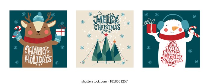 Festive xmas greeting cards vector templates set. Merry Christmas and Happy New Year greeting card set with calligraphy. Handwritten modern lettering.