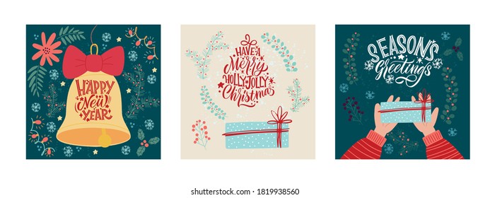 Se han establecido plantillas vectoriales de tarjetas de felicitación de navidad festiva. Feliz Navidad y Feliz Año Nuevo conjunto de tarjetas de felicitación con caligrafía. Grabado a mano con letras modernas.