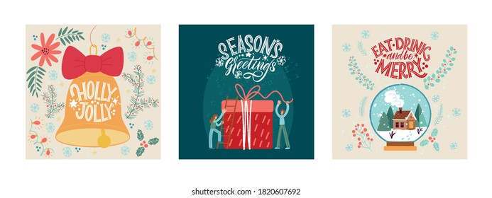 Festive xmas greeting cards vector templates set. Merry Christmas and Happy New Year greeting card set with calligraphy. Handwritten modern lettering.