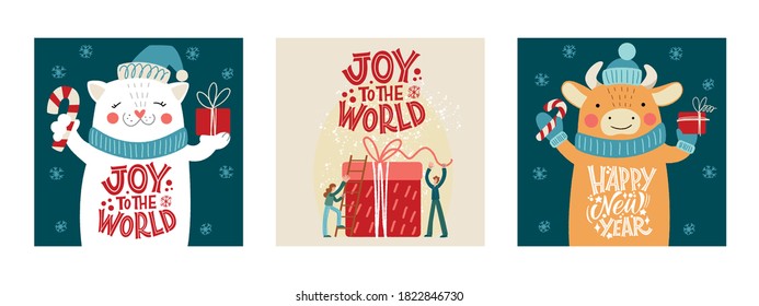 Festive xmas greeting cards vector templates set. Merry Christmas and Happy New Year greeting card set with calligraphy. Handwritten modern lettering.