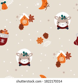 Festive xmas or happy new year seamless pattern. Childish pattern with cozy winter accessories: gift sox, cute bull, gingerbread, jingle bells. Ideal for kids apparel, wrapping paper, wallpaper