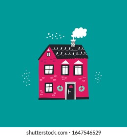 Festive Xmas house facade flat vector illustration