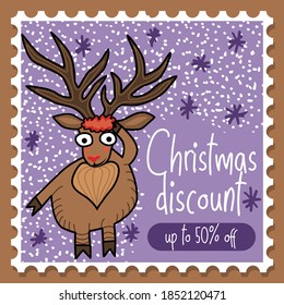 Festive Xmas illustration-stamp with surprised strange deer. Square Christmas discount template. Cheerful cartoon background
