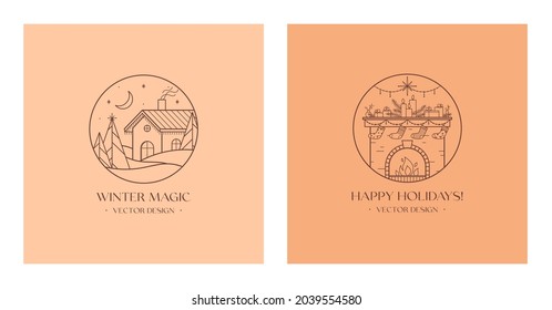 Festive xmas linear emblems with winter forest landscape, house and decorated fireplace.Vector Christmas and New Year festive logos with traditional winter holiday symbols.Holiday celebration concept.