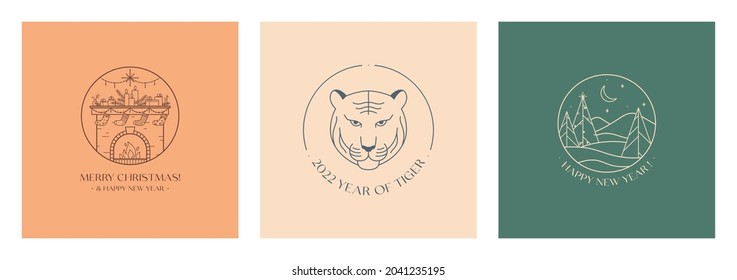 Festive xmas linear emblems with winter forest landscape,decorated fireplace and tiger.Vector Christmas and New Year festive logos with traditional winter holiday symbols.Holiday celebration concepts