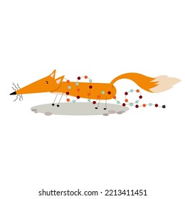 Festive xmas, New year adorable fox entangled in a Christmas garland. Cute Cartoon clip art. Vector Illustration