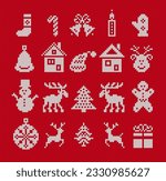 Festive Xmas ugly elements. Christmas knit seamless pattern. Sweater xmas border. Fair isle ornament with snowflake, deer, gingerbread man, tree, snowman, gift box. Knitted print. Vector illustration