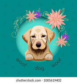 festive year dog greeting card, illustration dog looking out of house with flowers