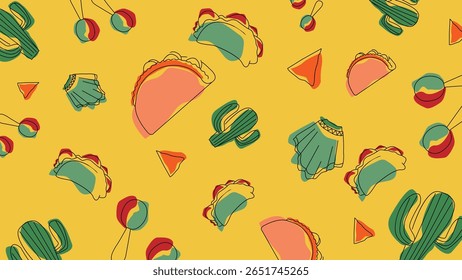 Um fundo amarelo festivo com tacos, saias, cactos, maracas e nachos, ideal para festas culinárias mexicanas, eventos e desenhos gráficos.