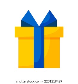 Festive yellow box with a blue ribbon and a bow on a white background. A nice gift for any occasion. Vector.